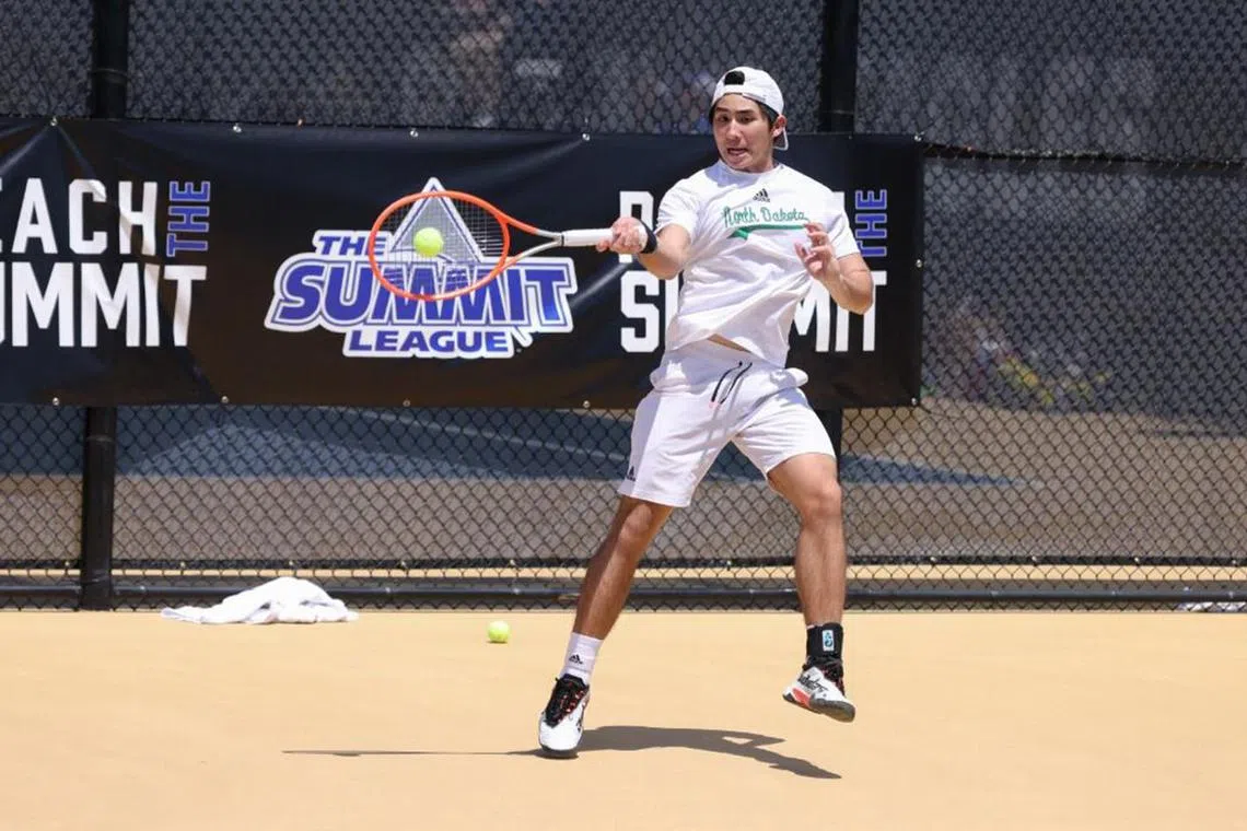 Freshman Jerall Yasin, 20, competing for the University of North Dakota at the 2023 Summit League Tennis Championships; a conference level tournament.