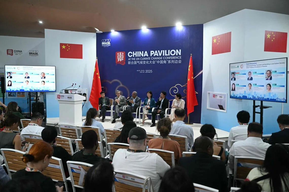 People attending a panel discussion at the China Pavillion during the COP30 UN Climate Change Conference in Belem, Brazil on Nov 11.