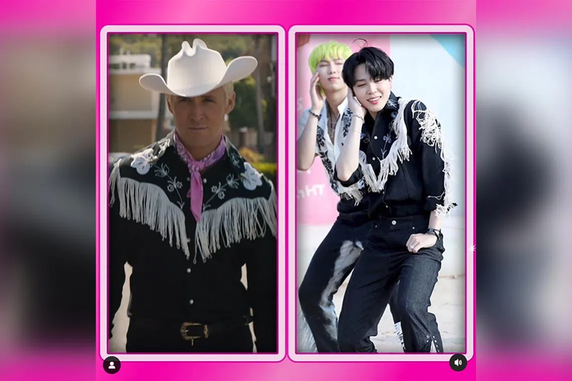 Actor Ryan Gosling (left) wore a cowboy outfit in Barbie that is similar to that worn by BTS member Jimin in the boy band's Permission To Dance video.