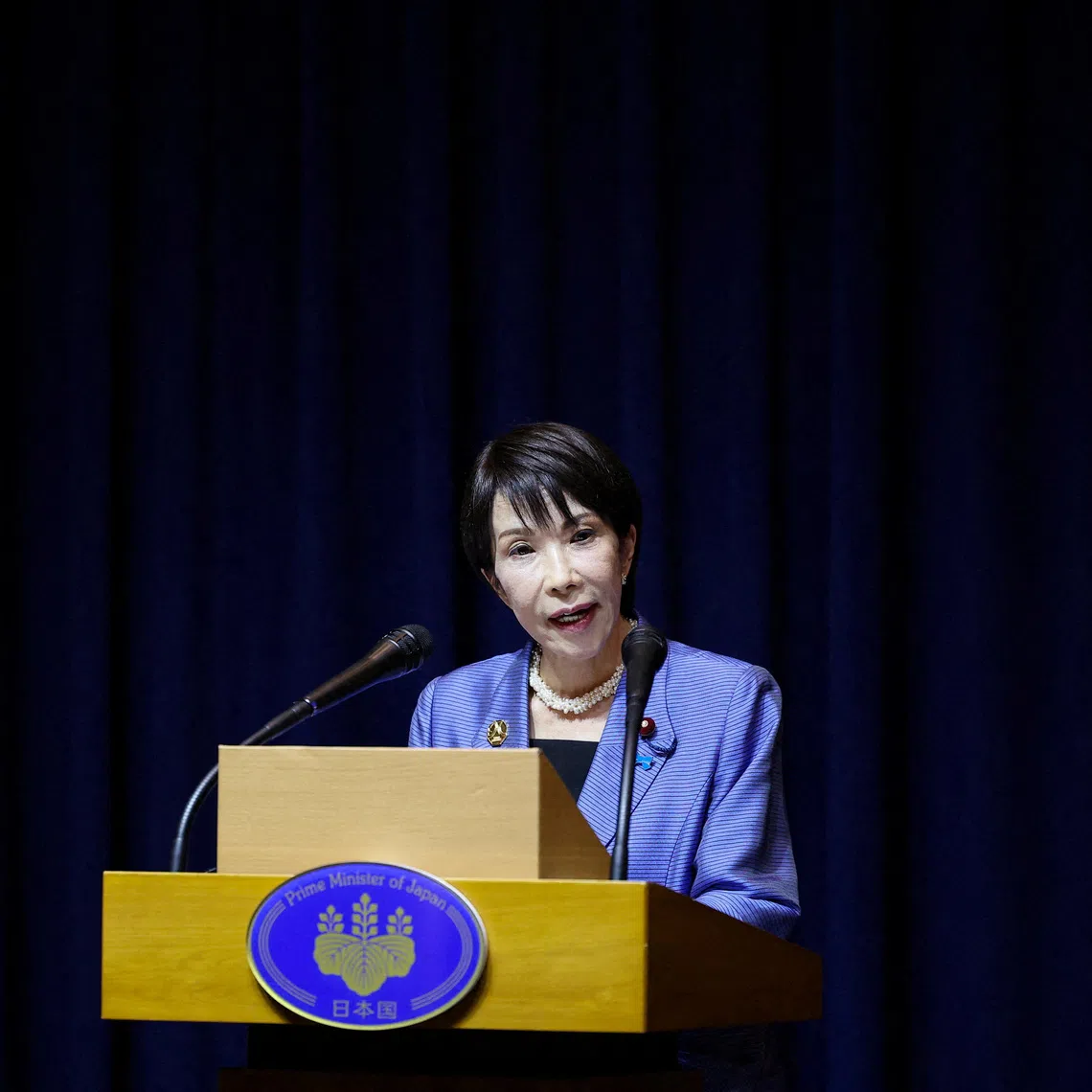 FILE PHOTO: Japanese Prime Minister Sanae Takaichi speaks during a press conference after the Asia-Pacific Economic Cooperation (APEC) summit in Gyeongju, South Korea, November 1, 2025. REUTERS/Kim Hong-ji/File Photo