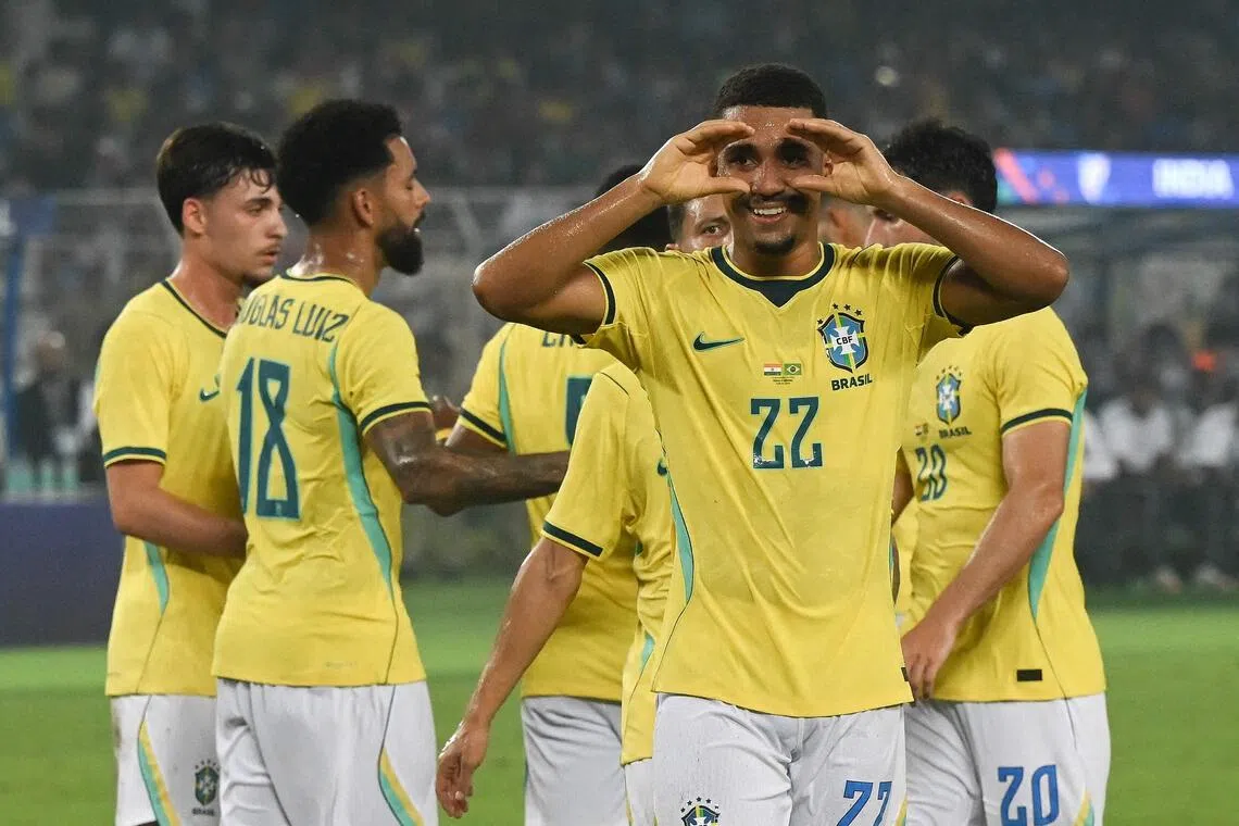 Brazil’s forward Samuel Lino gesturing after scoring a goal during the 4-0 friendly win over India in Kolkata on Oct 3.