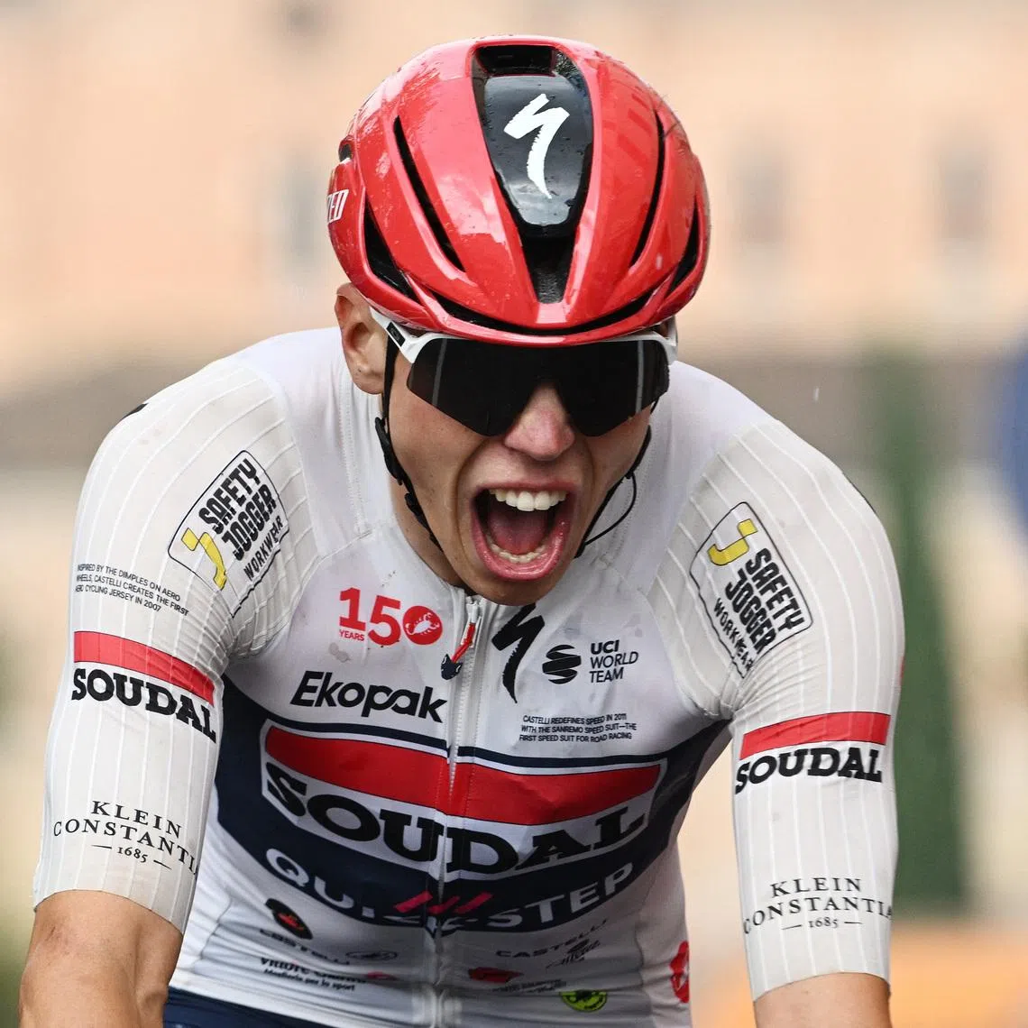 Cycling - Giro d'Italia - Stage 18 - Fai della Paganella to Pieve di Soligo - Italy - May 28, 2026 Soudal Quick Step's Paul Magnier celebrates winning stage 18 REUTERS/Jennifer Lorenzini