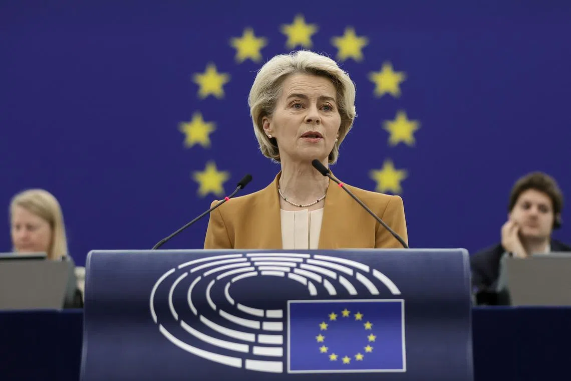 European Commission president Ursula von der Leyen speaking at the European Parliament in Strasbourg, France.