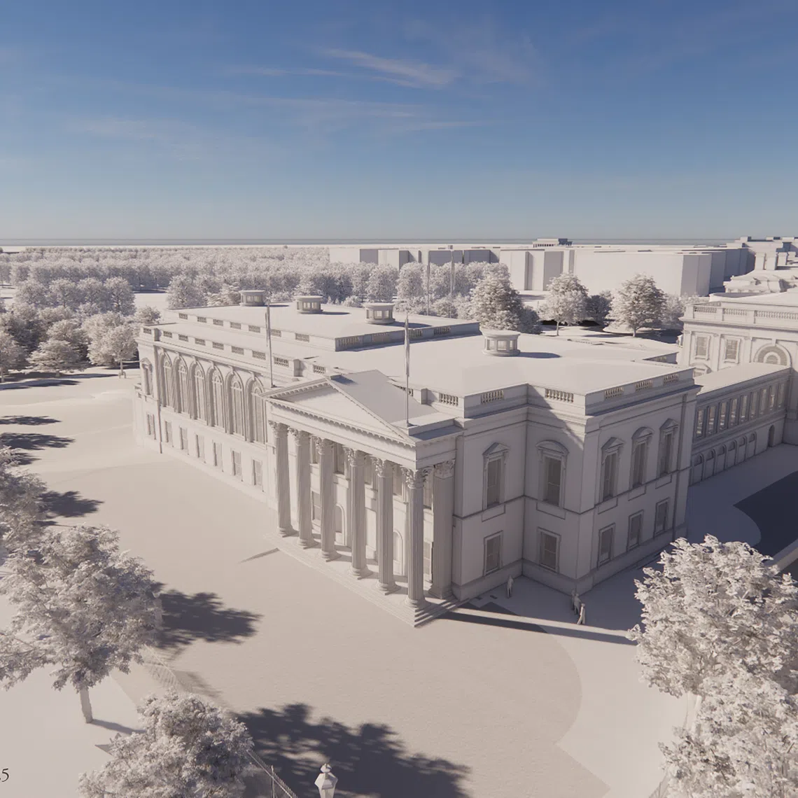 A digital rendering provided by the White House, said to be the proposed renovation of the East Wing, including President Donald Trump's ballroom. 