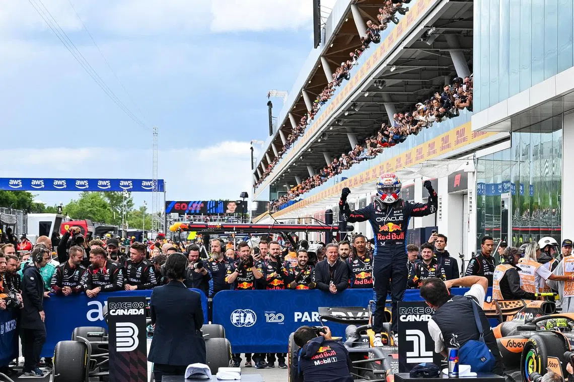 FILE PHOTO: Jun 9, 2024; Montreal, Quebec, CAN; Red Bull Racing driver Max Verstappen (NED) celebrates his win at the Canadian Grand Prix at Circuit Gilles Villeneuve. Mandatory Credit: David Kirouac-USA TODAY Sports/File Photo