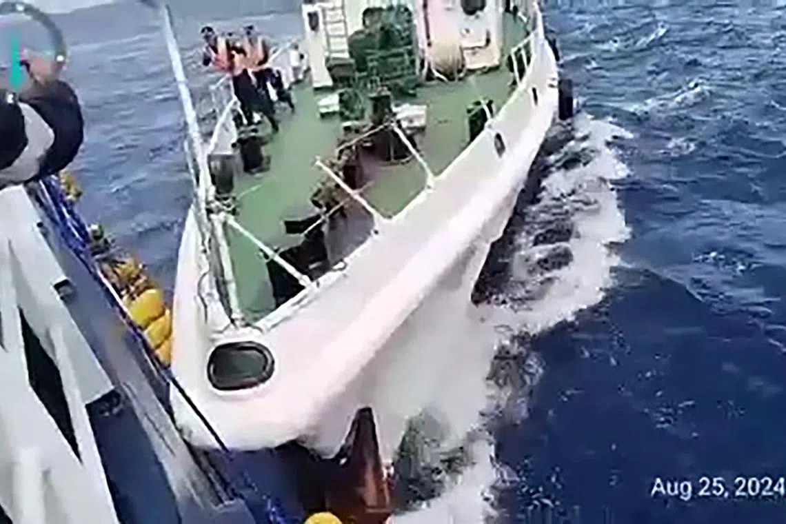 A Chinese coast Guard ship (right) colliding with a Philippine Bureau of Fisheries and Aquatic Resources vessel near Sabina Shoal in the South China Sea on Aug 25.
