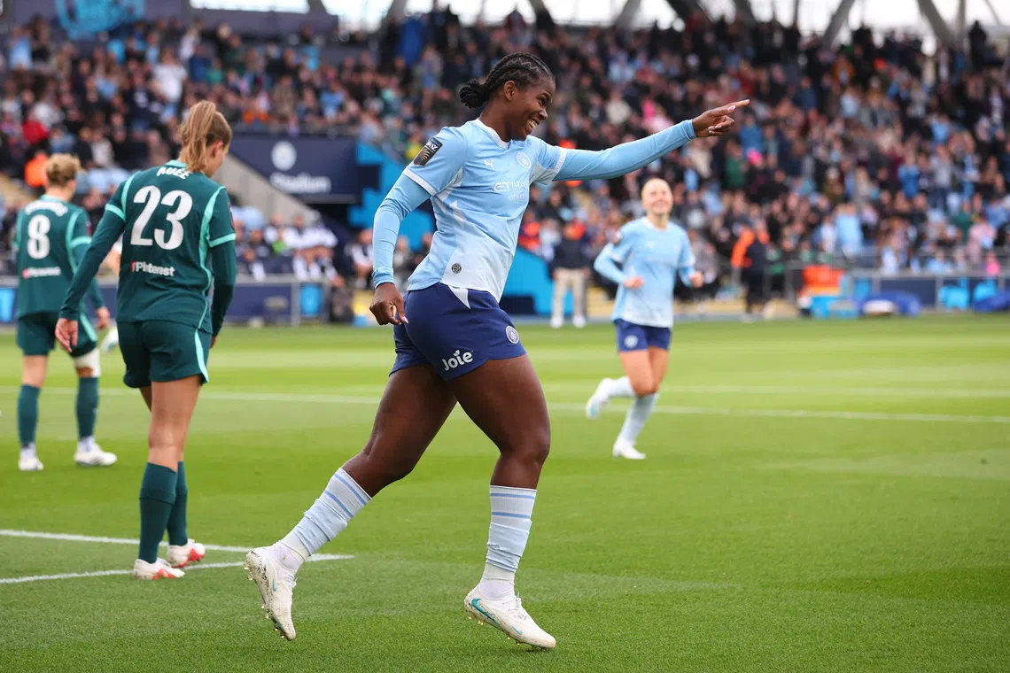 Soccer Football - Women's Super League - Manchester City v Brighton and Hove Albion - Manchester City Academy Stadium, Manchester, Britain - October 18, 2026 Manchester City's Khadija Shaw celebrates scoring their first goal Action Images via Reuters/Craig Brough