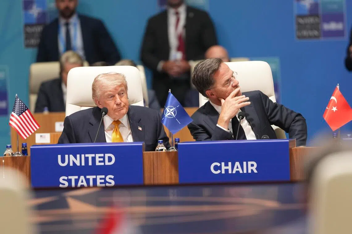 President Donald Trump, left, sits beside Mark Rutte, secretary general of NATO,  during a meeting of NATO at the NATO Summit in Ankara, Turkey, on Wednesday, July 8, 2026. Trump kicked off the second day of the summit by restating his “need” to control Greenland, blasting European allies as “hopeless” and threatening countries that did not support the U.S.-Israeli war on Iran. (Doug Mills/The New York Times)