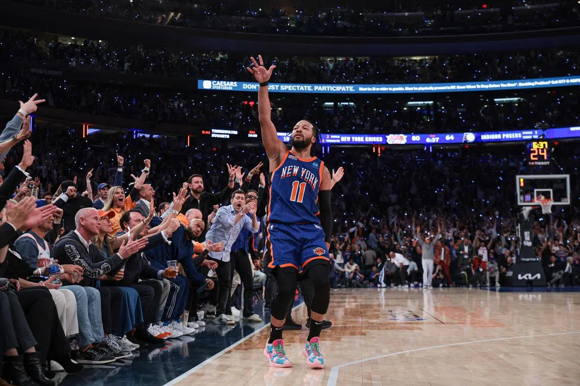 New York Knicks guard Jalen Brunson enjoys the moment after making a three-point basket during the second half of Game 5 of the NBA Eastern Conference semi-finals against the Indiana Pacers.
