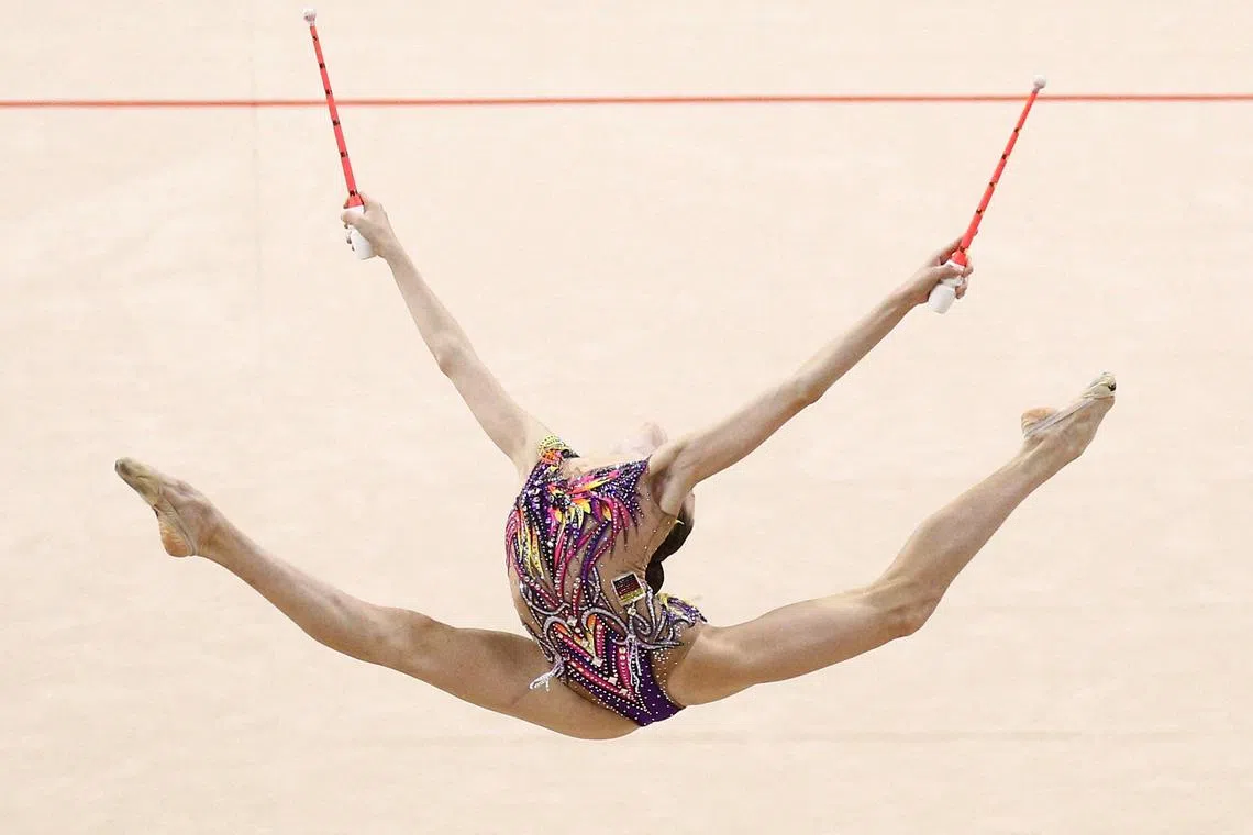 FILE PHOTO: Gymnastics - Rhythmic Gymnastics World Championships - The Amreets Arena, Sofia, Bulgaria - September 17, 2022   Germany's Darja Varfolomeev in action during the All-Around Final REUTERS/Spasiyana Sergieva/File Photo