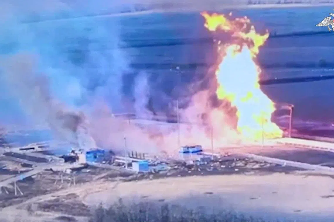 FILE PHOTO: A drone view shows the destroyed Sudzha gas metering station following an attack, what Russian military officials called a Ukrainian missile strike, in the course of Russia-Ukraine conflict in the town of Sudzha in the Kursk region, Russia, in this still image taken from video released March 28, 2025. Russian Defence Ministry/Handout via REUTERS/File Photo