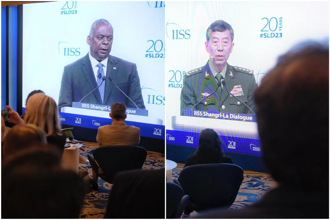 US Secretary of Defence Lloyd Austin (left) and China Defence Minister Li Shangfu speaking during different sessions at the Shangri-La Dialogue. 