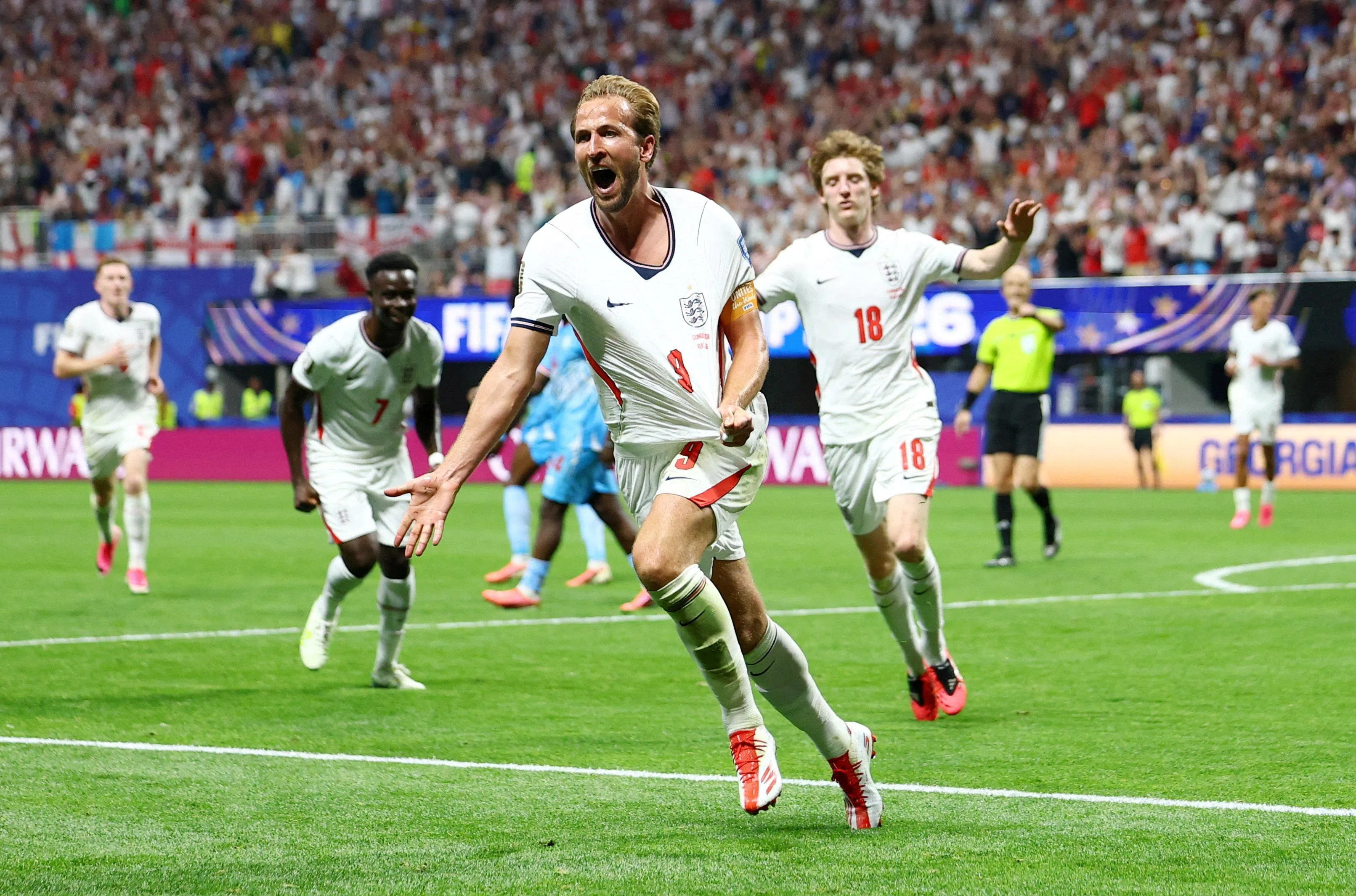 Soccer Football - FIFA World Cup 2026 - Round of 32 - England v DR Congo - Atlanta Stadium, Atlanta, Georgia, U.S. - July 1, 2026
England's Harry Kane celebrates scoring their second goal REUTERS/Claudia Greco     TPX IMAGES OF THE DAY