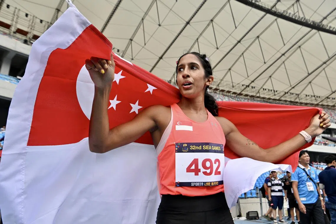 Singapore’s Shanti Pereira powers her way to the first place in the Women’s 100m race on the 8 May 2023 at the Morodok Techno Stadium.. ST Photo by Desmond Foo Coverage of the Cambodia 2023 Southeast Asian Games on 8 May 2023.