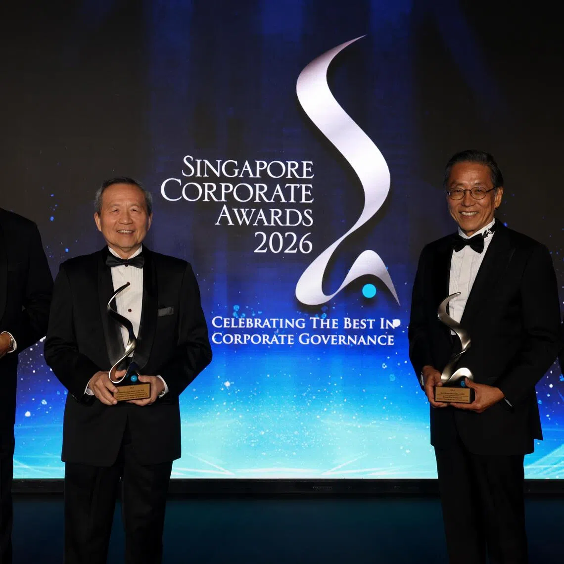 Singapore Corporate Award 2026 Best Managed Board Award gold winners (from left): Keppel chairman Piyush Gupta, ST Engineering chairman Teo Ming Kian, Banyan Group founder Ho Kwon Ping and Tiong Woon CEO Michael Ang, receiving awards on behalf of their respective organisations on Sept 21.