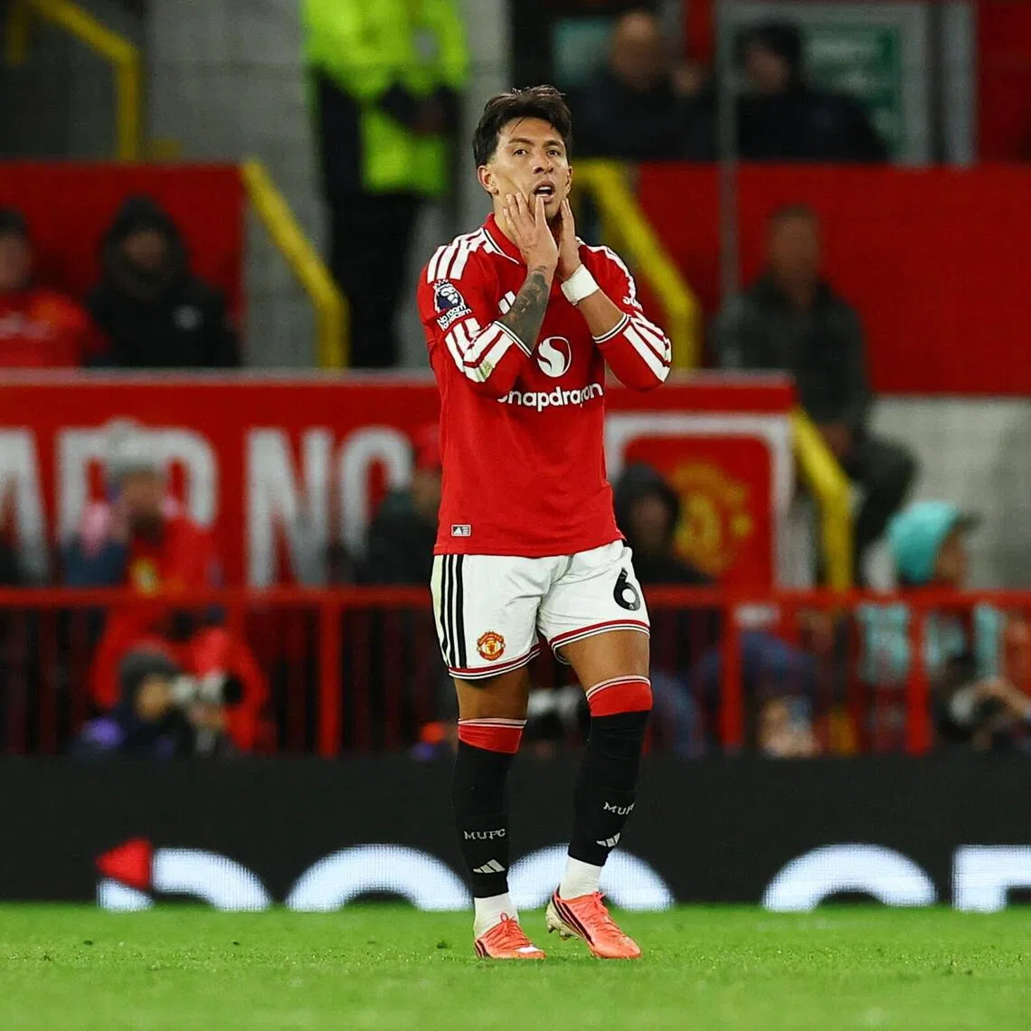 Manchester United’s Lisandro Martinez looking dejected after Tottenham Hotspur equalised in their 1-1 EPL draw on Oct 10.