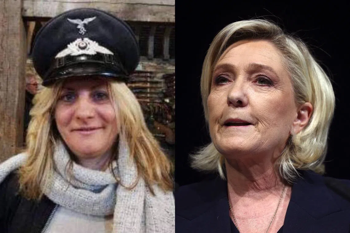 A photo of RN candidate Ludivine Daoudi wearing a Nazi cap (left) comes as three-time far-right presidential candidate Marine Le Pen (right) has tried to clean up the party's image.