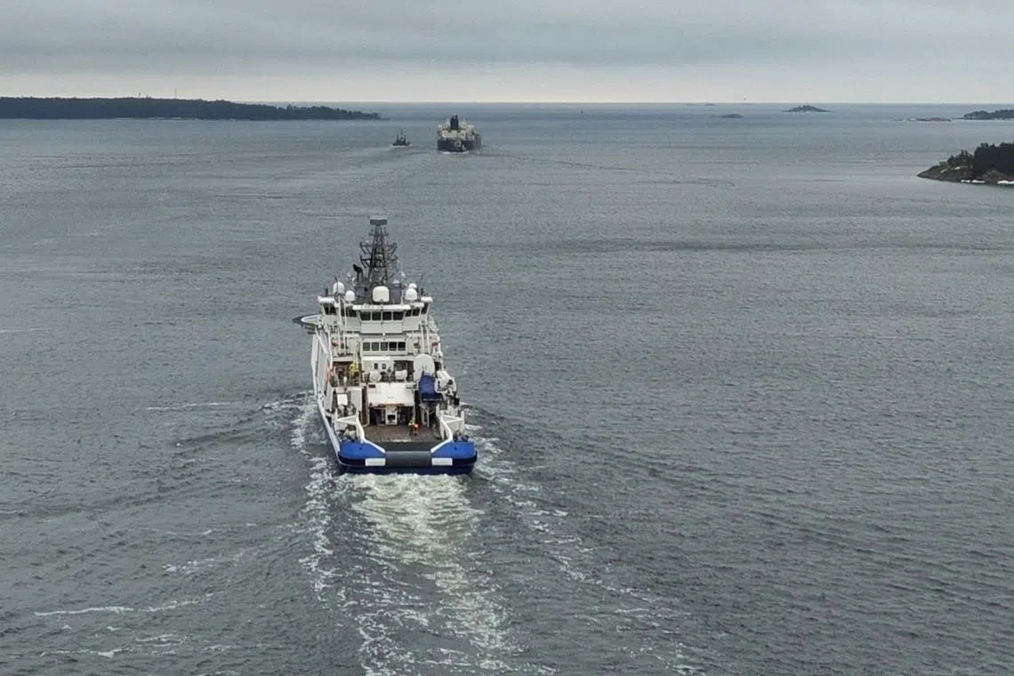 FILE PHOTO: Finnish Border Guard's ship Turva escorts Cook Islands-registered oil tanker Eagle S out to sea on the Baltic, March 2, 2025 near Porvoo, Finland in handout picture released by the Finnish Border Guard. Eagle S has been released from custody as the investigation continues. The tanker is suspected of the disruption of the Finland-Estonia electrical link Estlink 2 last December. Lehtikuva/Finnish Border Guard/Handout via REUTERS/File Photo