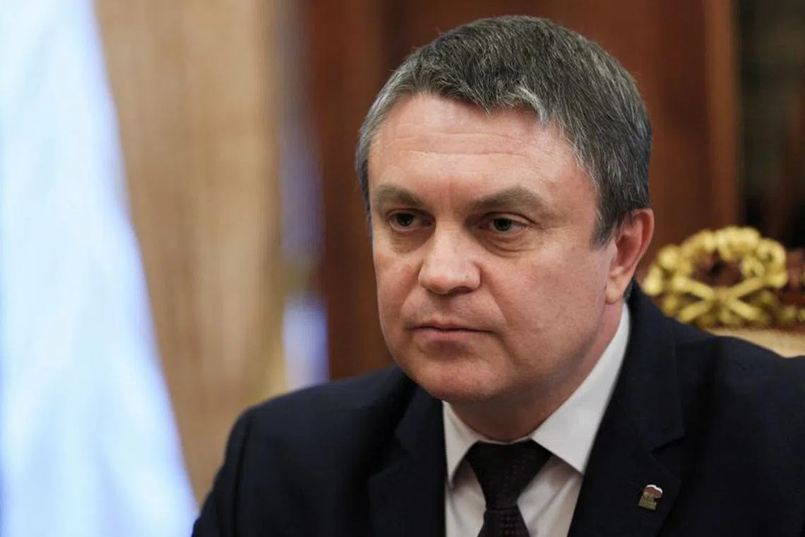 FILE PHOTO: Leonid Pasechnik, Moscow-installed acting leader of the Russian-controlled parts of Ukraine's Luhansk region, attends a meeting with Russian President Vladimir Putin at the Kremlin in Moscow, Russia April 6, 2023. Sputnik/Gavriil Grigorov/Kremlin via/File Photo