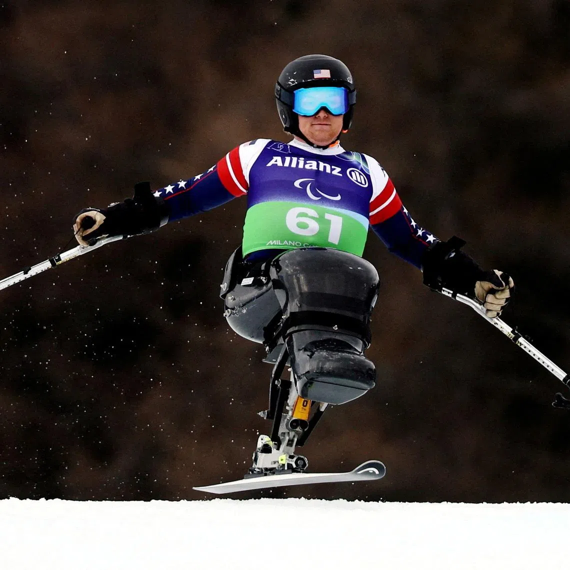 FILE PHOTO: Milano Cortina 2026 Paralympics - Para Alpine Skiing - Men's Alpine Combined Super-G Sitting - Tofane Alpine Skiing Centre, Belluno, Italy - March 10, 2026. Blake Eaton of United States in action during the men's alpine combined super-g sitting REUTERS/Stoyan Nenov/File Photo