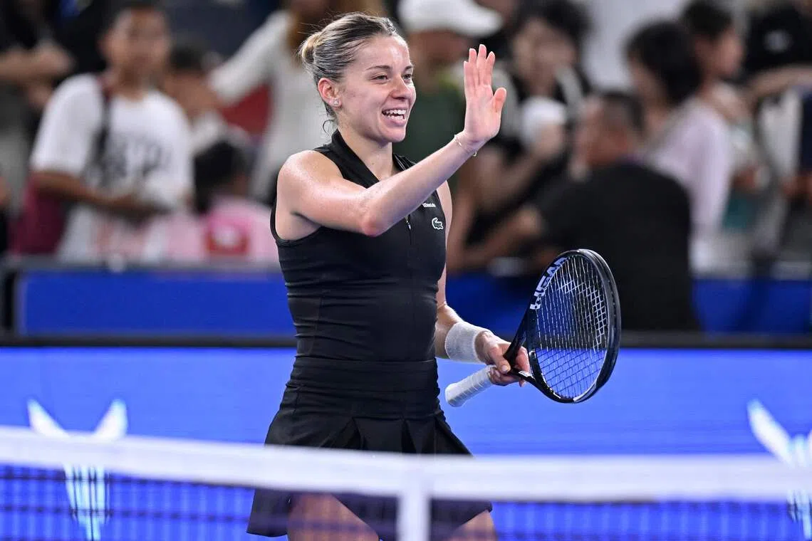 Maja Chwalinska celebrates after beating Iga Swiatek at the Wuhan Open semi-finals.