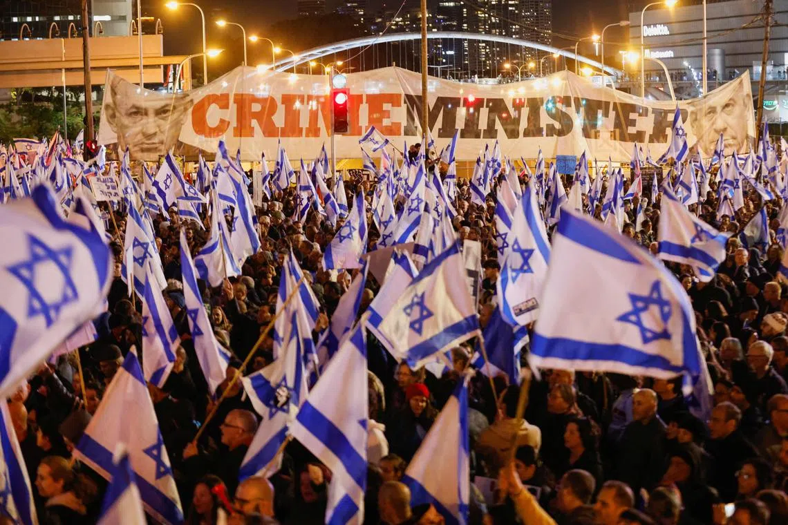 Protesters called for Netanyahu, who is fighting corruption charges in court, to resign. 