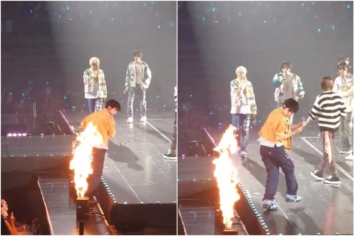 Stage equipment near Yoon Jae-hyuk suddenly malfunctioned and burst into flames, causing his clothes to catch on fire.