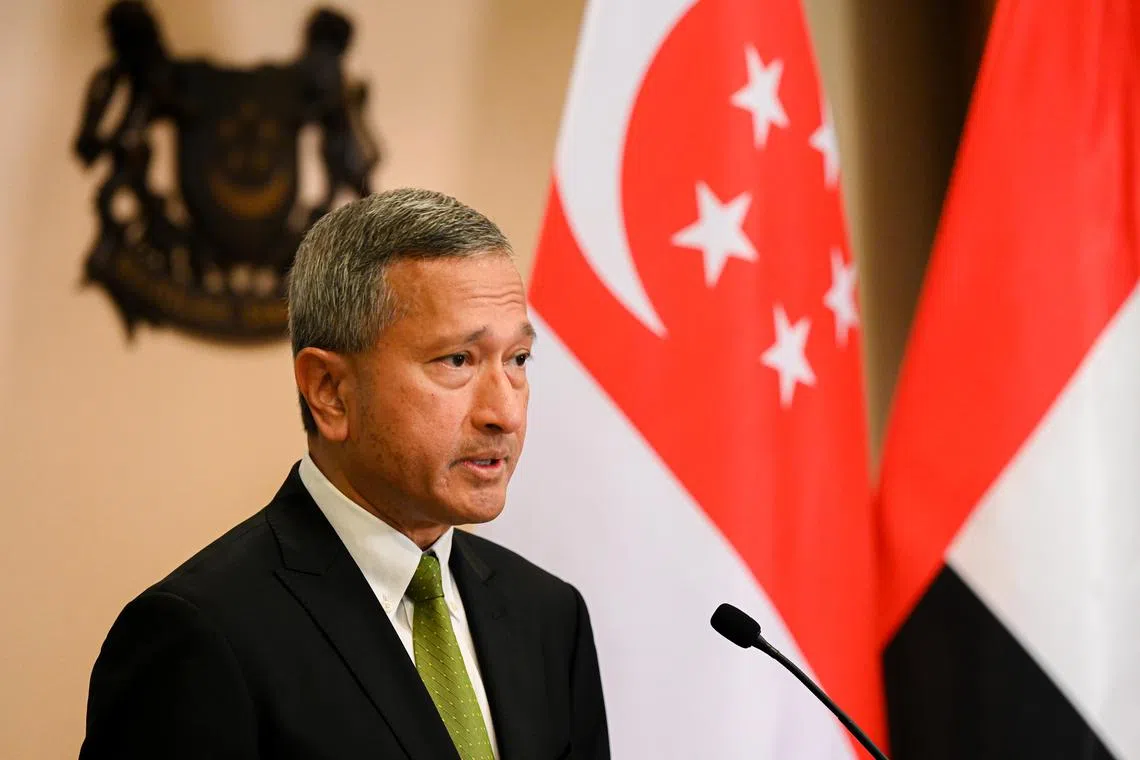 Minister for Foreign Affairs Dr Vivian Balakrishnan addressing the media during the ceremonial handover of the fourth tranche of humanitarian assistance for Gaza at the Ministry of Foreign Affairs on Monday, 22 July 2024.