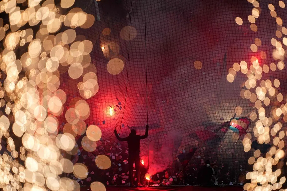 Paris Saint-Germain's supporters celebrating after  winning the French Ligue 1 football championship in the stands ahead of the French L1 football match between Paris FC and Paris Saint-Germain (PSG) at the Stade Jean-Bouin in Paris, France on May 17, 2026. 