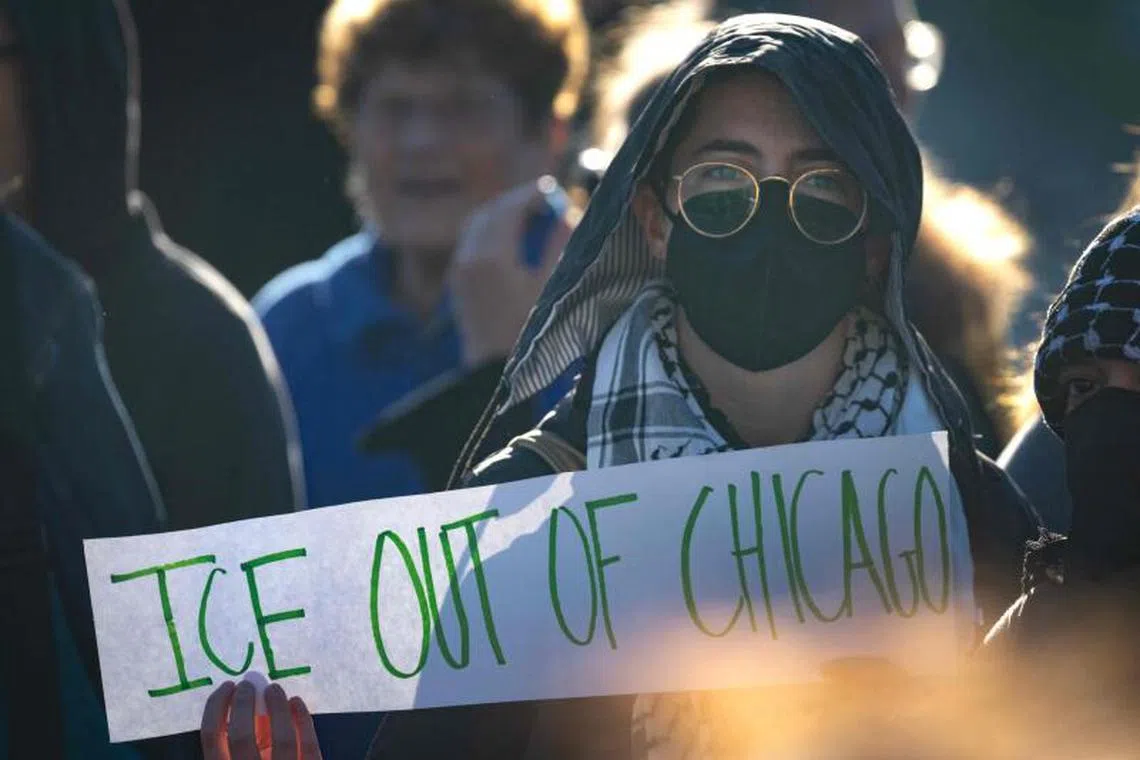 Demonstrators protest outside of an Immigration and Customs Enforcement facility on Sept 05, 2025 in Broadview, Illinois.
