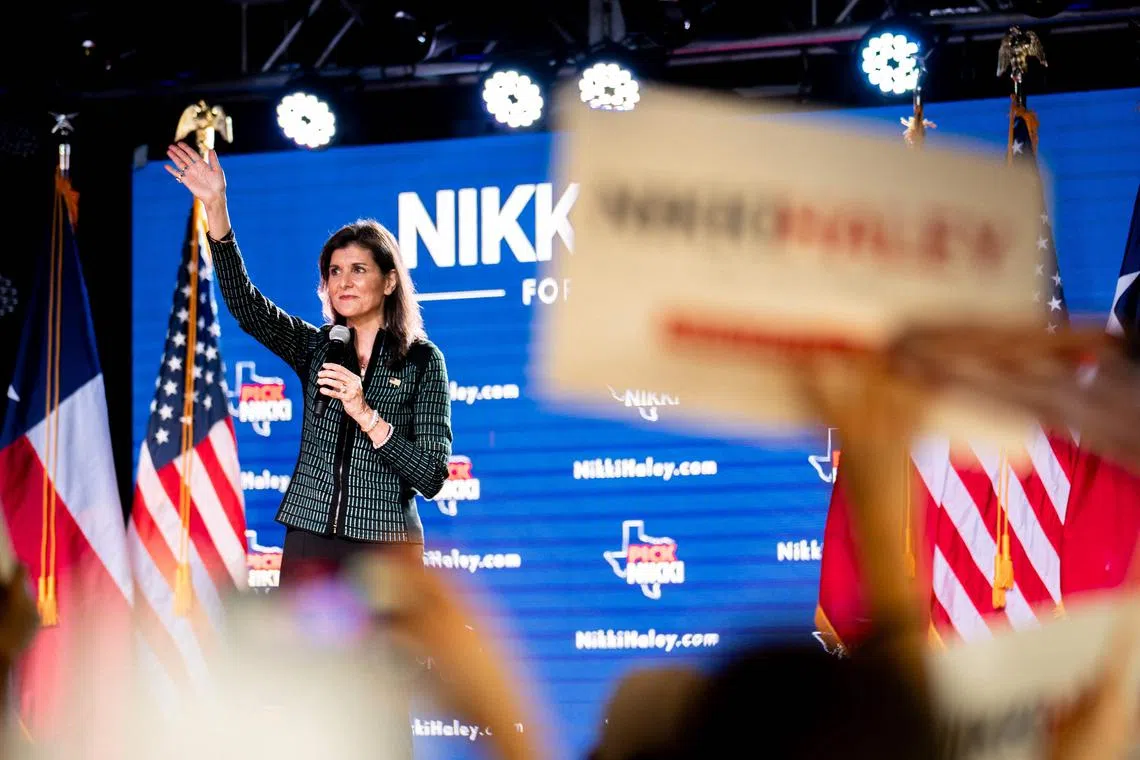 SPRING, TEXAS - MARCH 04: Republican presidential candidate former U.N. Ambassador Nikki Haley waves to the crowd at the conclusion of a campaign rally at the Sawyer Park Icehouse bar on March 04, 2024 in Spring, Texas. Haley continues campaigning across the country after winning her first Republican Primary against former President Donald Trump in Washington D.C. this past Friday. Sixteen states, including Texas, will vote during Super Tuesday on March 5.   Brandon Bell/Getty Images/AFP (Photo by Brandon Bell / GETTY IMAGES NORTH AMERICA / Getty Images via AFP)