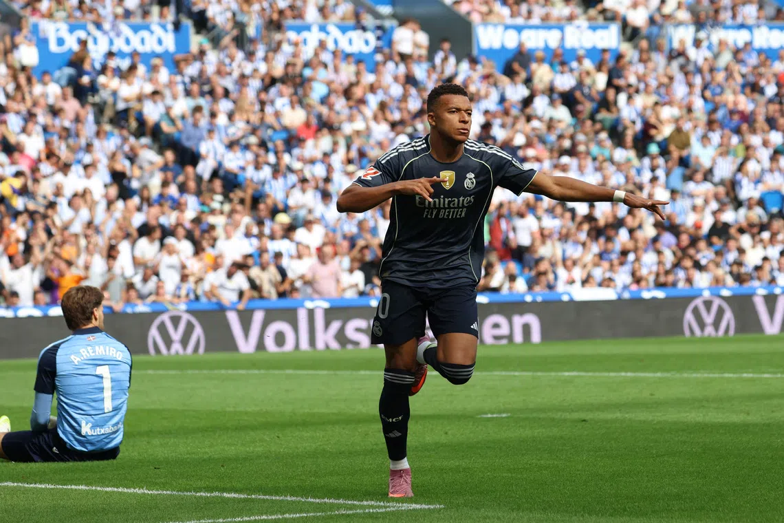 FILE PHOTO: Soccer Football - LaLiga - Real Sociedad v Real Madrid - Reale Arena, San Sebastian, Spain - September 13, 2025 Real Madrid's Kylian Mbappe celebrates scoring their first goal REUTERS/Pankra Nieto/ File Photo