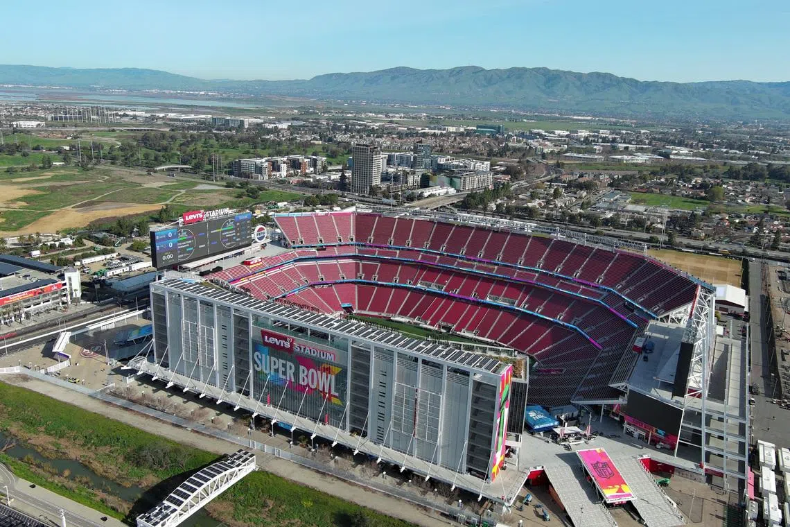 Jan 29, 2026; Santa Clara, California, USA; A general overall aerial view of Levi's Stadium, the site of Super Bowl 60 between the New England Patriots and the Seattle Seahawks. Mandatory Credit: Kirby Lee-Imagn Images