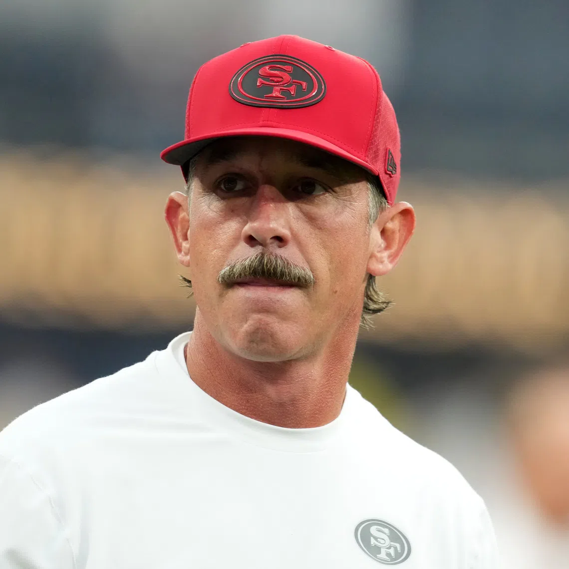 Aug 20, 2026; Inglewood, California, USA; San Francisco 49ers head coach Kyle Shanahan watches during the game against the Los Angeles Chargers at SoFi Stadium. Mandatory Credit: Kirby Lee-Imagn Images
