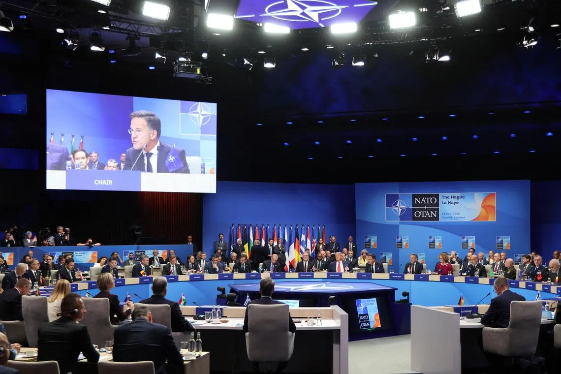 NATO Secretary General Mark Rutte addresses the opening of a NATO leaders summit in The Hague, Netherlands June 25, 2025.  LUDOVIC MARIN/Pool via REUTERS
