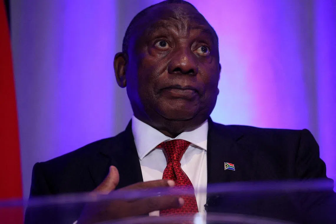FILE PHOTO: South African President Cyril Ramaphosa attends a press conference, after his White House meeting with U.S. President Donald Trump, in Washington, D.C., U.S., May 21, 2025. REUTERS/Leah Millis/File Photo