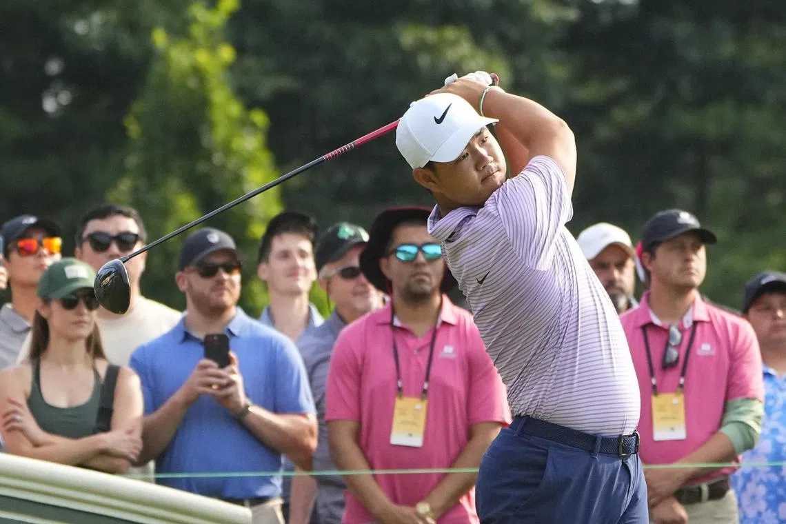 Tom Kim tees off at the first hole during the second round of the Travelers Championship.