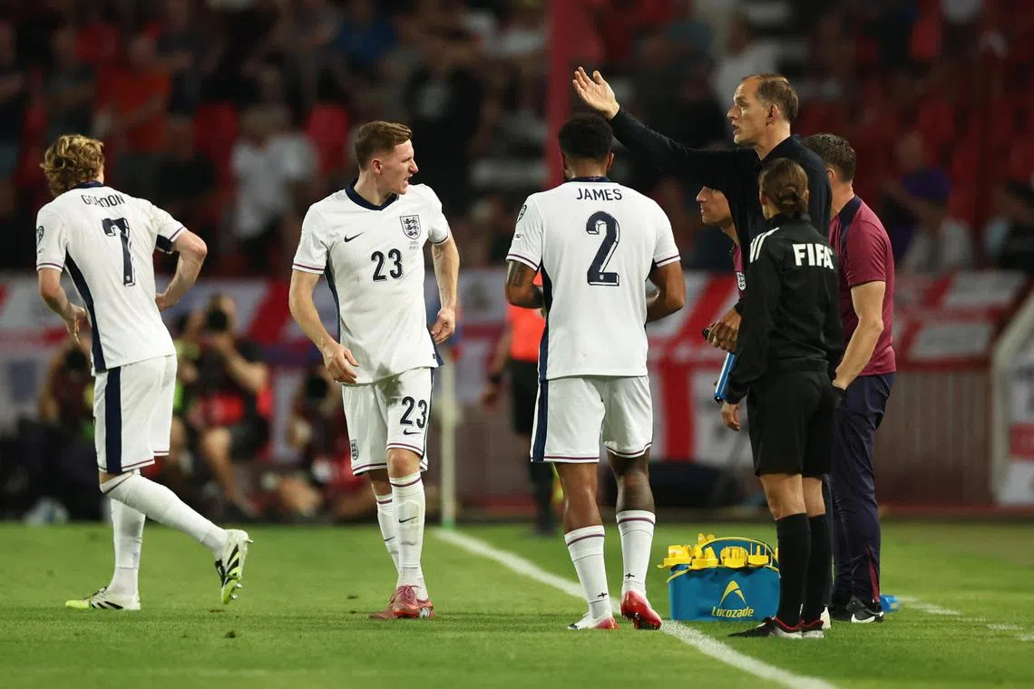 England manager Thomas Tuchel coaching his players from the sidelines during the World Cup qualifier against Serbia.