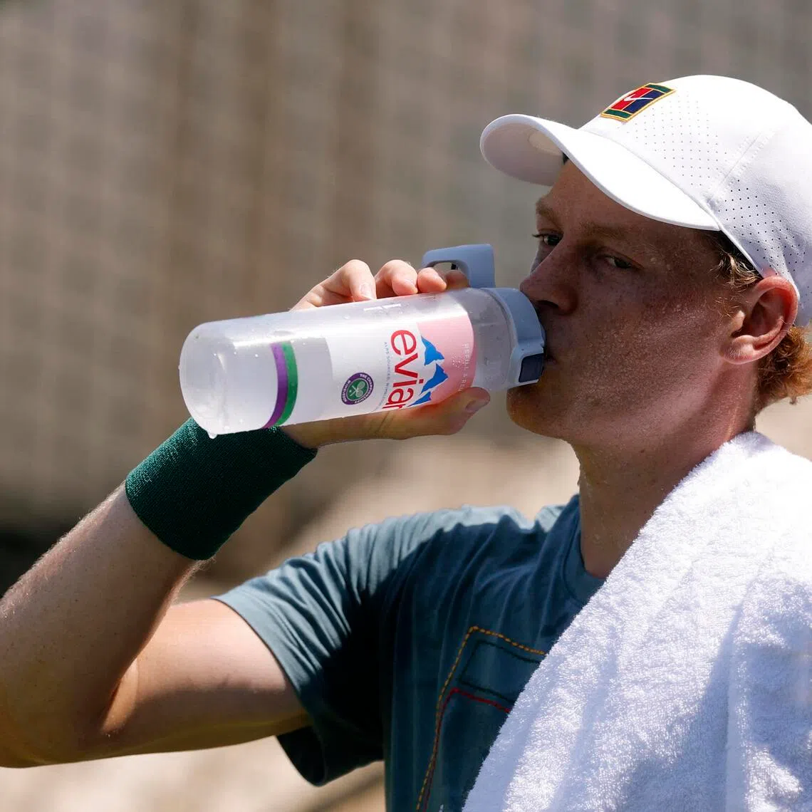 Italy’s Jannik Sinner during a break in practice at the All England Lawn Tennis and Croquet Club in London on June 26, ahead of Wimbledon.