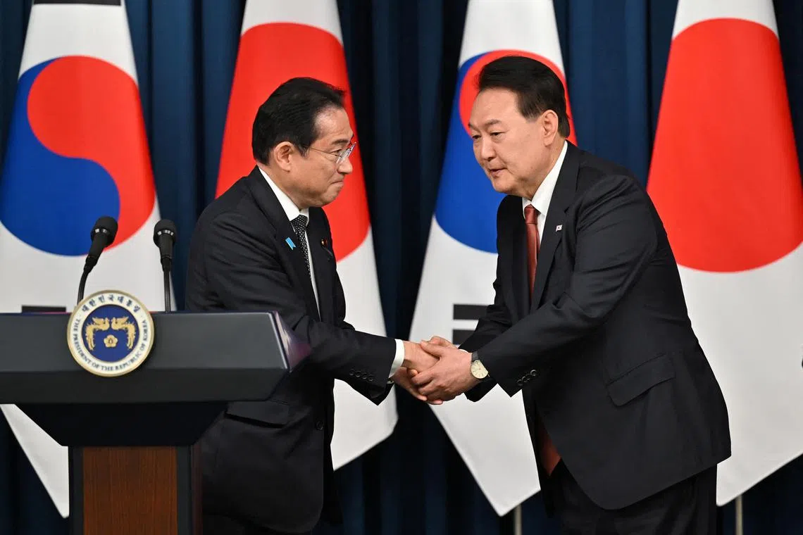 Japanese PM Fumio Kishida (left) with South Korean President Yoon Suk Yeol at a press conference in Seoul on May 7.