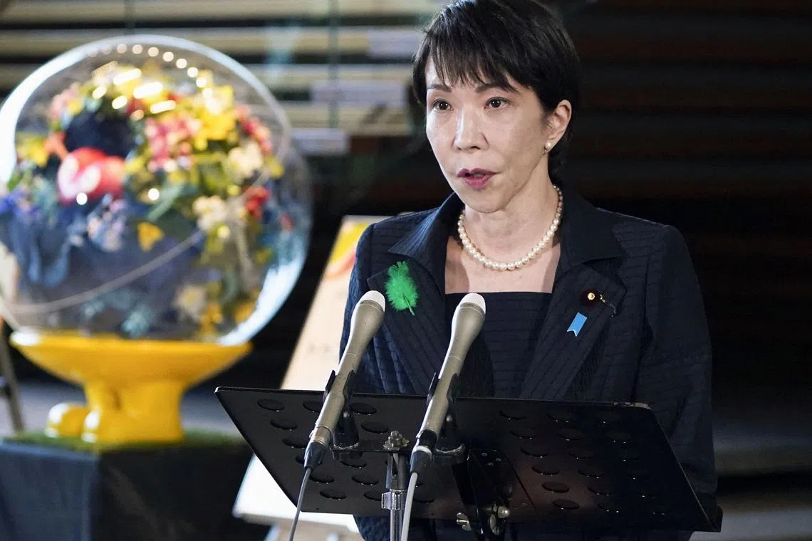 Japan’s Prime Minister Sanae Takaichi speaks to media after Japan Meteorological Agency issued a tsunami warning at her official residence in Tokyo, Japan, on April 20.