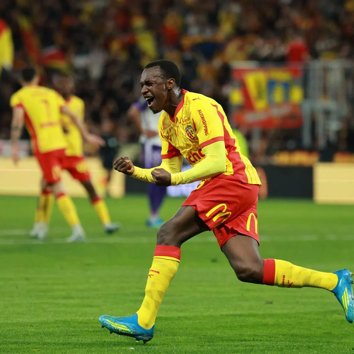 Soccer Football - Ligue 1 - RC Lens v Toulouse - Stade Bollaert-Delelis, Lens, France - April 17, 2026 RC Lens's Saud Abdulhamid celebrates scoring their first goal REUTERS/Stephanie Lecocq