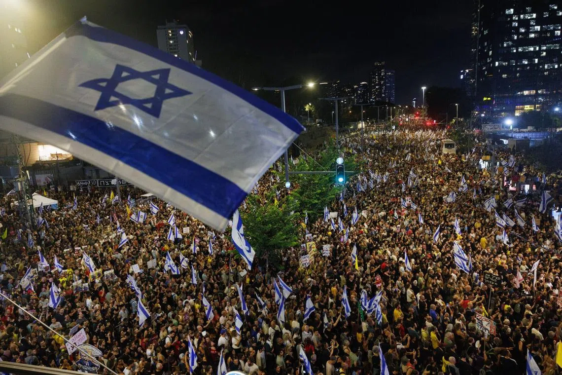 Israelis protesting against the government during a demonstration in Tel Aviv on Sept 1. Thousands of Israelis demonstrated in cities around the nation after the bodies of six hostages were found in a tunnel in the Gaza Strip.