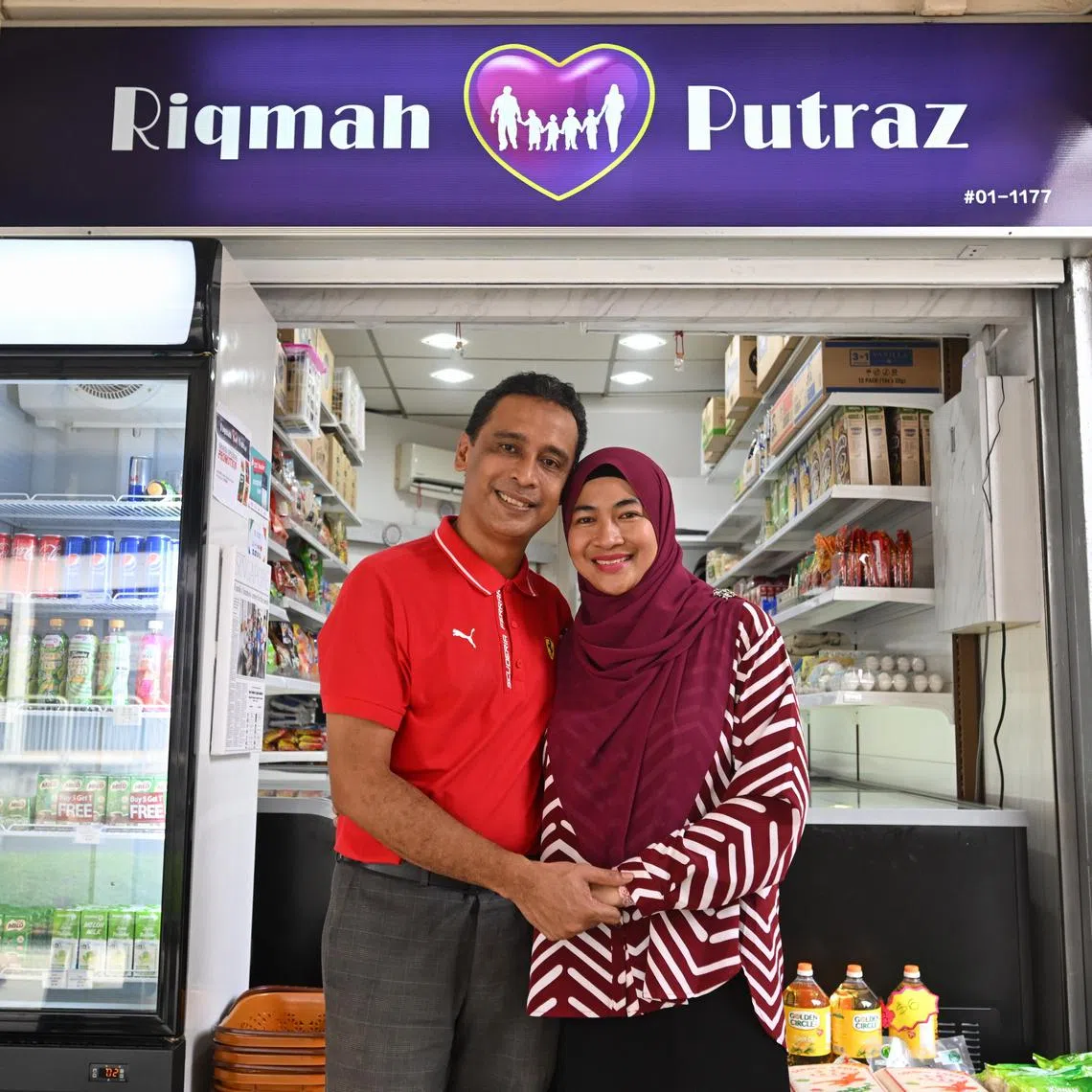 ST20231211_202343214043/fmmart/Shintaro Tay/Fatima Mujibah/
Mr Asanul Fariq Sani and his wife Norhasyimah Awaludin at their minimart in Tampines, on Dec 11, 2023.
The family of six were previously nominated for ST's Singaporean of the Year for distributing free groceries.
Mr Asanul Fariq Sani said the minimart has frozen food and groceries at an affordable price, for those who are less fortunate.