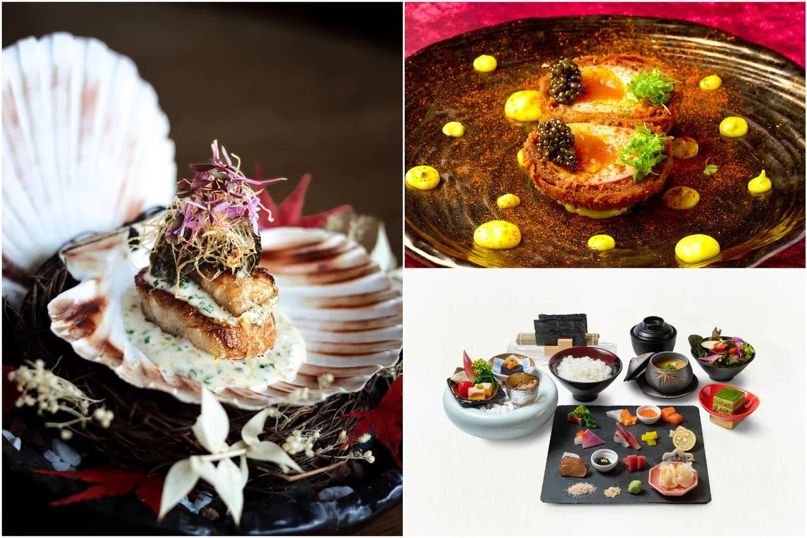 (Clockwise from left) Queen Scallop & BBQ Eel, one of the a la carte options at Cure, Revolver's Wagyu Scotch Egg, and the new $48 a person set lunches at Haku Sushi.