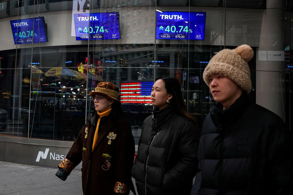 Trump Media & Technology group jumped 16.1 per cent to close at US$57.99 (S$78.03) after surging as high as US$79.38.