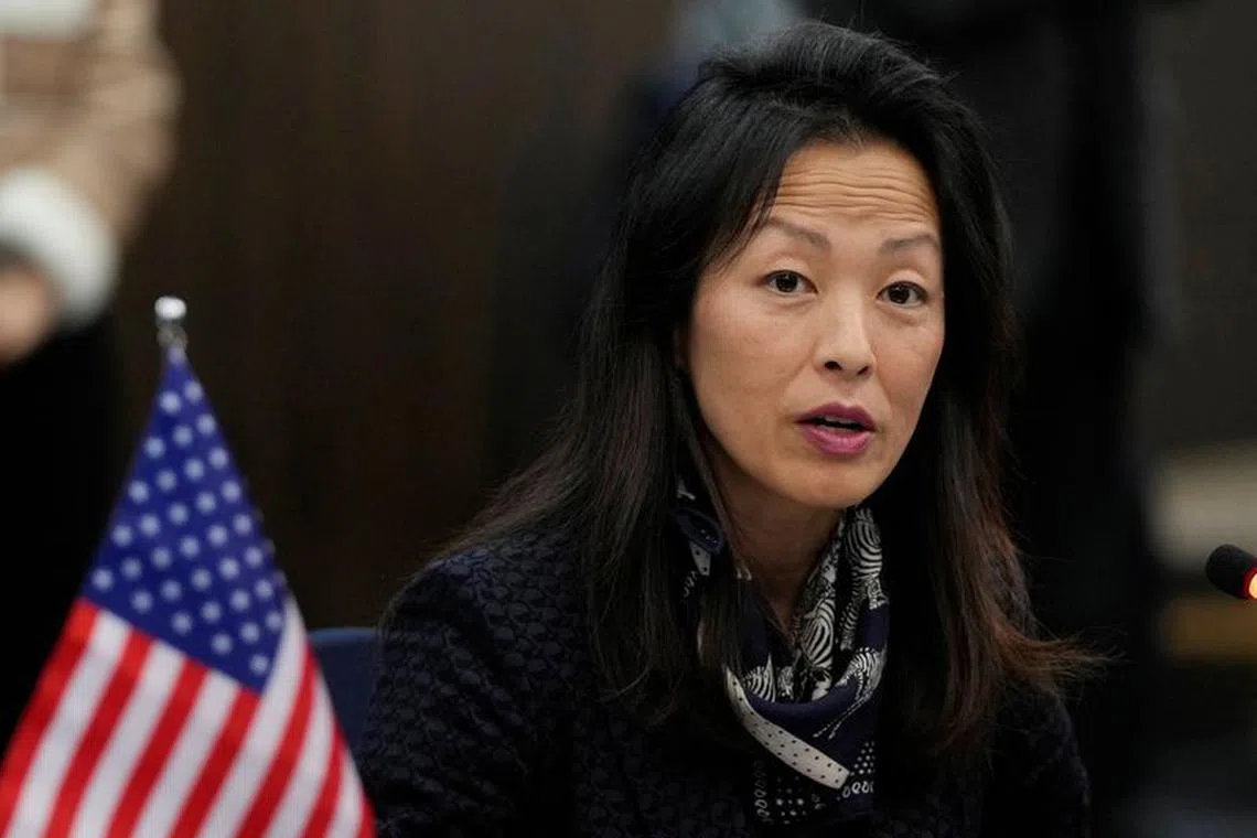 U.S. Deputy Special Representative Jung Pak speaks to Kim Gunn, Special Representative for Korean Peninsula Peace and Security (not pictured), and Namazu Hiroyuki, Japan's director-general and assistant minister of the Asian and Oceanian Affairs Bureau (not pictured), during their trilateral meeting at the Foreign Ministry in Seoul, South Korea, Thursday, Jan. 18, 2024. Ahn Young-joon/Pool via REUTERS/ File Photo