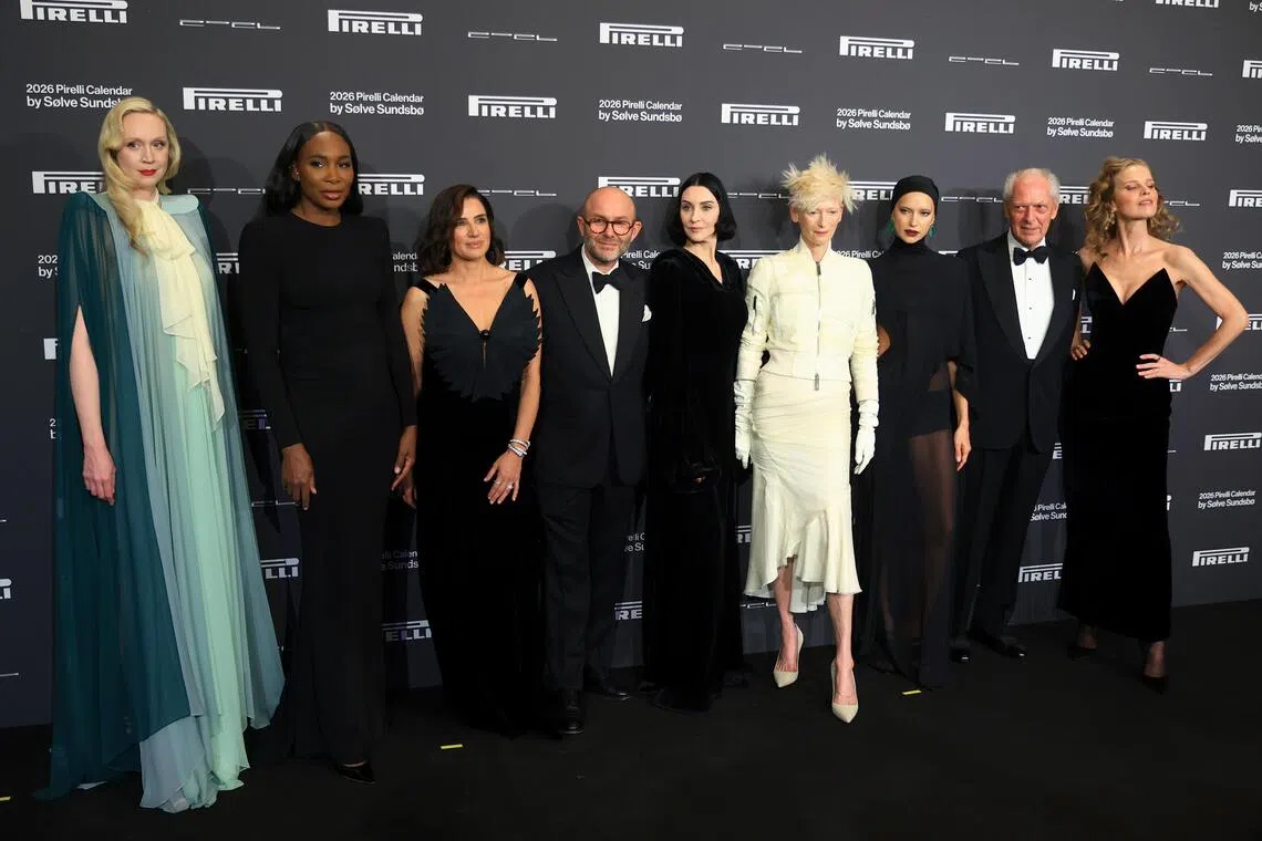 (From left) Gwendoline Christie, Venus Williams, Luisa Ranieri, Solve Sundsbo, Susie Cave, Tilda Swinton, Irina Shayk, Marco Tronchetti Provera and Eva Herzigova arriving for the 2026 Pirelli calendar launch gala on Nov 14.