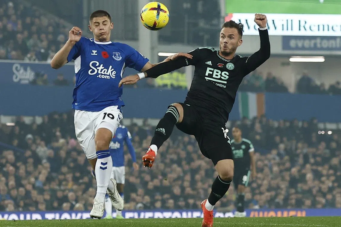 Leicester City midfielder James Maddison being harried by Everton's Vitaliy Mykolenko. The Foxes went on to beat the Toffees 2-0, with Maddison playing a crucial role in the win.