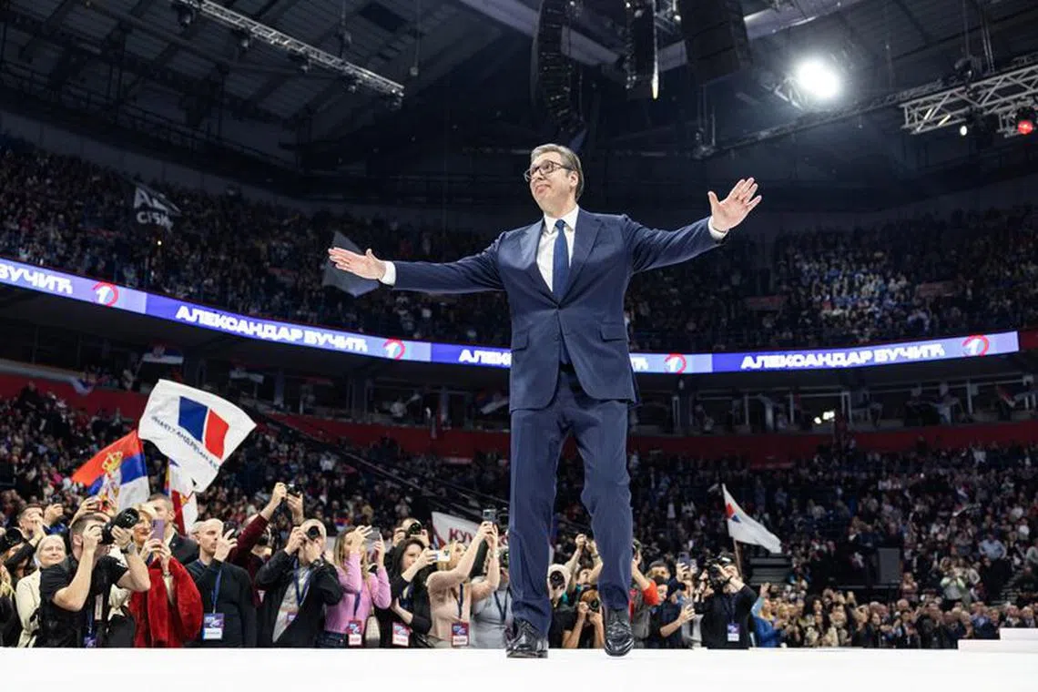 Serbian President Aleksandar Vucic attends a rally of the ruling Serbian Progressive Party (SNS) ahead of parliamentary election in Belgrade's Stark Arena, Serbia, December 2, 2023. REUTERS/Marko Djurica/File Photo